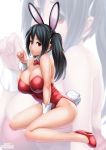  1girl animal_ears bare_shoulders black_hair borrowed_character bow bowtie breasts bunny_tail bunnysuit cleavage detached_collar erkaz fake_animal_ears from_side full_body hairband high_heels highres large_breasts leotard looking_at_viewer looking_to_the_side original parted_lips rabbit_ears red_bow red_bowtie red_eyes red_leotard red_shoes shoes sitting skindentation solo tail twintails wariza watermark wrist_cuffs zoom_layer 