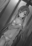  1girl abec asuna_(sao) bikini bra breasts brown_eyes cleavage collarbone cowboy_shot dutch_angle groin highres indoors looking_away monochrome navel novel_illustration official_art panties side-tie_bikini small_breasts solo stomach swimsuit sword_art_online underwear underwear_only white_bra white_panties 