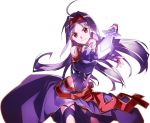  1girl abec ahoge covered_navel cowboy_shot dress elbow_gloves fingerless_gloves floating_hair gloves headband holding holding_sword holding_weapon long_hair looking_at_viewer purple_dress purple_gloves purple_hair red_eyes smile solo sword sword_art_online weapon yuuki_(sao) 