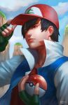  1boy 2016 artist_name baseball_cap black_hair clouds collarbone commentary day fingerless_gloves from_side gloves green_gloves hair_between_eyes hand_on_headwear hat norman_de_mesa number outdoors poke_ball pokemon realistic red_eyes red_shirt satoshi_(pokemon) shirt short_hair sky solo upper_body 
