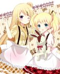  2girls :d ;) alice_cartelet alternate_costume apron argyle argyle_skirt bangs blonde_hair blue_eyes blush bolo_tie brown_skirt buttons clenched_hand closed_mouth collared_shirt cowboy_shot diagonal_stripes eyebrows_visible_through_hair flower frilled_apron frills hair_bun hair_ornament hair_stick hairclip highres holding holding_stuffed_animal kin-iro_mosaic kujou_karen long_hair looking_at_viewer multiple_girls one_eye_closed open_mouth plaid puffy_short_sleeves puffy_sleeves red_skirt ryoutan shirt short_hair short_sleeves sidelocks skirt smile striped striped_background stuffed_animal stuffed_bunny stuffed_toy suspenders teddy_bear twintails v violet_eyes waist_apron wavy_hair white_apron white_shirt x_hair_ornament yellow_shirt 