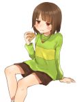  :i androgynous arm_at_side arm_support blush_stickers brown_hair brown_shorts chara_(undertale) eating eyebrows_visible_through_hair flat_expression food food_on_face green_shirt heart heart_necklace highres holding holding_food horizontal_stripes long_sleeves pie red_eyes shirt short_hair shorts simple_background sitting slice_of_pie socks solo striped striped_shirt undertale white_background white_legwear 