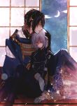  2boys black_gloves black_hair blue_eyes closed_eyes crescent_moon flower gloves hand_on_another&#039;s_head himeno_(omega13) honebami_toushirou japanese_clothes male_focus mikazuki_munechika military military_uniform moon multiple_boys necktie sayagata sitting sliding_doors touken_ranbu uniform white_gloves white_hair yaoi 