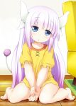  1girl barefoot blue_eyes dragon_girl dragon_horns dragon_tail feet highres horns kanna_kamui kobayashi-san_chi_no_maidragon lavender_hair long_hair looking_at_viewer pajamas parted_lips sitting slit_pupils solo tail wariza wooden_floor yuu_(oosakazaijyuu) 