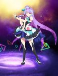  1girl black_boots black_eyes boots dress floating_hair full_body hair_ornament high_heels holding holding_microphone long_hair looking_at_viewer macross macross_delta microphone midriff mikumo_guynemer navel purple_hair skirt sleeveless sleeveless_dress solo standing stomach thigh-highs thigh_boots v very_long_hair 