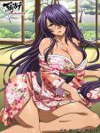  1girl bare_shoulders blush breasts cleavage grey_eyes hair_over_one_eye ikkitousen japanese_clothes kan&#039;u_unchou kimono large_breasts long_hair looking_at_viewer official_art parted_lips purple_hair sitting solo tatami tree very_long_hair 
