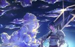  1boy armor bankotsu_(inuyasha) blue_background blue_sky clouds faux_traditional_media inuyasha looking_away male_focus pixiv_id profile sky solo sword tougetsu_sou upper_body weapon 