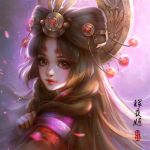  1girl blurry brown_eyes brown_hair character_request closed_mouth depth_of_field from_side juvia_ho long_hair looking_at_viewer onmyoji petals realistic solo upper_body 