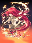  1girl alastor_(shakugan_no_shana) black_legwear bow bowtie brown_bow collarbone copyright_name eyebrows_visible_through_hair eyes_visible_through_hair fire floating_hair green_skirt hair_between_eyes highres holding holding_sword holding_weapon itou_noiji long_hair looking_at_viewer official_art one_eye_closed red_eyes redhead school_uniform shakugan_no_shana shana shirt skirt solo sword thigh-highs very_long_hair weapon white_shirt zettai_ryouiki 