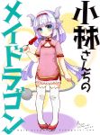  1girl artist_request blue_eyes china_dress chinese_clothes dragon_girl dragon_horns dragon_tail dress eating food hairband head_tilt highres holding horns kanna_kamui kobayashi-san_chi_no_maidragon lavender_hair long_hair looking_at_viewer low_twintails slit_pupils solo tail thigh-highs twintails white_legwear zettai_ryouiki 