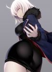  1girl ahoge ass bangs black_dress blue_jacket breasts cowboy_shot dress fate/grand_order fate_(series) from_behind fur_trim jacket jeanne_alter long_sleeves looking_at_viewer looking_back medium_breasts open_clothes open_jacket pale_skin ruler_(fate/apocrypha) short_dress short_hair solo tetsu_(countryside) white_hair yellow_eyes 