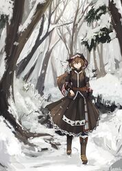  1girl animal_ears artist_name belt belt_pouch boots brown_hair brown_skirt coat forest fox fox_ears fox_tail full_body hair_between_eyes hand_on_hip hood hood_up lansane long_hair long_sleeves multiple_tails nature open_mouth original outdoors pantyhose sidelocks silver_fox_(animal) skirt snow snowing standing standing_on_shoulder tail tree tsana_(lansane) winter_clothes winter_coat wolf_ears yellow_eyes 