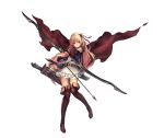  1girl arisa_(shadowverse) arrow belt blonde_hair bow bow_(weapon) cape dress elbow_gloves full_body gloves granblue_fantasy green_eyes hair_bow highres holding holding_weapon long_hair looking_at_viewer official_art quiver shadowverse short_dress simple_background skirt sleeveless solo standing sword thigh-highs weapon zettai_ryouiki 