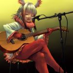  1girl bangs blunt_bangs closed_eyes crested_ibis_(kemono_friends) gloves guitar head_wings instrument kemono_friends legs_crossed long_hair long_sleeves lonsdaleite microphone multicolored_hair music open_mouth orange_skirt pantyhose playing_instrument pleated_skirt red_gloves red_legwear redhead shirt sidelocks singing sitting skirt solo tail two-tone_hair white_hair white_shirt 