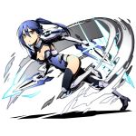  1girl black_legwear blue_hair blue_leotard boots bow breasts brown_eyes cleavage covered_navel date_a_live divine_gate eyebrows_visible_through_hair from_side full_body gloves groin hair_between_eyes hair_bow high_heel_boots high_heels leotard long_hair looking_at_viewer mecha_musume medium_breasts mole mole_under_eye one_leg_raised parted_lips ponytail runing shadow solo takamiya_mana transparent_background ucmm white_gloves 
