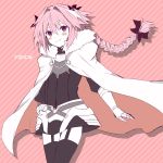  1boy blush braid cape fate/apocrypha fate/grand_order fate_(series) garter_straps hair_ribbon highres ito_(silk9f) long_hair looking_at_viewer male_focus ribbon rider_of_black simple_background smile solo thigh-highs trap violet_eyes white_hair 