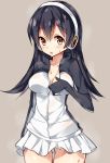  1girl black_hair blush breasts brown_eyes cleavage commentary_request eyebrows_visible_through_hair gentoo_penguin_(kemono_friends) grey_background hair_between_eyes headphones jacket kemono_friends long_hair long_sleeves looking_at_viewer multicolored_hair open_mouth red_eyes simple_background skirt sweat tareme thigh_gap unacchi_(nyusankin) 