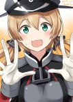  1girl aqua_eyes artist_name blonde_hair dated gloves hands_up hat highres kamelie kantai_collection long_hair long_sleeves military military_uniform open_mouth peaked_cap prinz_eugen_(kantai_collection) solo sweat twintails uniform white_gloves 