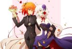  2girls blonde_hair blush dress fate/grand_order fate_(series) flower formal fujimaru_ritsuka_(female) jeanne_alter long_hair looking_at_another multiple_girls navel oiun orange_hair rose ruler_(fate/apocrypha) short_hair side_ponytail suit yuri 