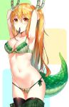  1girl adjusting_hair armpits arms_behind_head arms_up bangs bare_shoulders blonde_hair blush bow bow_bra bow_panties bra breasts brown_legwear cleavage closed_mouth collarbone cowboy_shot dragon_girl dragon_horns dragon_tail eyebrows_visible_through_hair gradient gradient_eyes gradient_hair green_bra green_panties green_skirt groin hair_between_eyes hands_in_hair highres horns kaerunoko kobayashi-san_chi_no_maidragon lace lace-trimmed_bra lace_trim large_breasts legs_together long_hair looking_at_viewer medium_breasts midriff miniskirt mouth_hold multicolored multicolored_eyes multicolored_hair navel orange_eyes orange_hair panties pleated_skirt revision scales side-tie_panties sidelocks skirt skirt_down solo stomach string_panties tail tooru_(maidragon) twintails tying_hair underwear very_long_hair yellow_bow yellow_eyes 