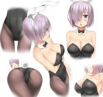  1girl :o absurdres alternate_costume animal_ears arm armpits arms_at_sides ass bare_arms bare_shoulders black_bow black_leotard blush bow bowtie breast_hold breasts bunny_girl bunny_tail bunnysuit character_sheet cleavage closed_mouth collarbone detached_collar fake_animal_ears fake_tail fate/grand_order fate_(series) female from_above hair_over_one_eye head_out_of_frame highres large_breasts lavender_eyes lavender_hair leaning leaning_forward legs leotard looking_at_viewer multiple_views neck nedia_r open_mouth out_of_frame pantyhose rabbit_ears shielder_(fate/grand_order) short_hair simple_background standing strapless strapless_leotard tail thigh_gap type-moon upper_body white_background wrist_cuffs 