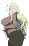  1girl @_@ accho_(macchonburike) ahoge ass blue_eyes blush breasts green_hair highres huge_breasts long_hair looking_back open_mouth original pantylines pencil_skirt profile simple_background skirt solo sweater translation_request uneri_spirala very_long_hair wavy_hair white_background 