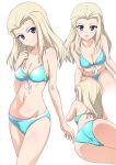  1girl ass bangs bikini blue_bikini blue_eyes breasts clara_(girls_und_panzer) cleavage front-tie_bikini front-tie_top gin&#039;you_haru girls_und_panzer hand_on_own_chest head_tilt highres light_brown_hair long_hair lying medium_breasts navel parted_bangs simple_background smile swimsuit white_background 