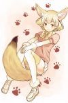  1girl :3 animal_ears blonde_hair brown_eyes eyebrows eyebrows_visible_through_hair eyelashes fennec_(kemono_friends) floating fox_ears fox_tail full_body fur-trimmed_gloves fur_trim gloves hands_on_own_knees highres jitome kemono_friends knees_together_feet_apart kurodeko loafers looking_at_viewer neck_ribbon paw_background pink_background pink_shirt puffy_short_sleeves puffy_sleeves ribbon shirt shoes short_hair short_sleeves skirt smile smug socks solo tail thigh-highs white_footwear white_gloves white_shoes white_skirt yellow_ribbon 