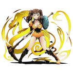  1girl boots breasts brown_eyes brown_hair cleavage collarbone diane_(nanatsu_no_taizai) divine_gate full_body holding holding_weapon long_hair looking_at_viewer nanatsu_no_taizai official_art one_eye_closed orange_boots orange_leotard shadow solo standing transparent_background twintails ucmm warhammer weapon 