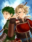  2boys armor brown_eyes fingerless_gloves fire_emblem fire_emblem:_seima_no_kouseki forde gloves green_eyes green_hair kiyuu kyle_(fire_emblem) long_hair low_ponytail male_focus multiple_boys polearm spear teeth weapon 