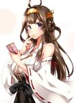  1girl bare_shoulders breasts brown_hair collarbone cowboy_shot detached_sleeves double_bun food hairband japanese_clothes kantai_collection kongou_(kantai_collection) large_breasts long_hair looking_at_viewer nontraditional_miko ribbon-trimmed_sleeves ribbon_trim shiny shiny_hair shiny_skin solo violet_eyes wide_sleeves yuuki_hb 