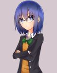  &gt;:( 1girl blue_eyes blue_hair ciel crossed_arms glasses grey_background looking_at_viewer mei_mu over-rim_glasses school_uniform semi-rimless_glasses solo tsukihime 