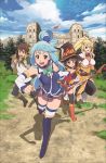  1boy 3girls aqua_(konosuba) bag belt black_boots black_gloves black_hair black_legwear black_pants blonde_hair blue_boots blue_dress blue_eyes blue_hair boots brown_eyes brown_hair darkness_(konosuba) detached_sleeves dress fingerless_gloves gloves hat high_ponytail holding key_visual kono_subarashii_sekai_ni_shukufuku_wo! long_hair looking_at_viewer megumin multiple_girls one_leg_raised open_mouth outdoors pants red_boots red_dress red_eyes runing satou_kazuma see-through short_hair_with_long_locks simple_background sleeveless sleeveless_dress staff thigh-highs thigh_boots tree white_legwear witch_hat 