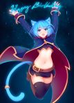 1girl :d animal_ears arms_up belt black_legwear blue_eyes blue_hair blush boots cape cat_ears cat_tail choker fang hair_ornament hairclip happy_birthday highres long_sleeves looking_at_viewer midriff miniskirt navel open_mouth original ricegnat skirt smile solo tail thigh-highs zettai_ryouiki 