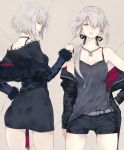  2girls bare_shoulders belt camisole casual fate/grand_order fate_(series) fur_trim hair_over_one_eye hand_on_shoulder highres jacket jeanne_alter jewelry multiple_girls necklace ponytail ring ruler_(fate/apocrypha) saber saber_alter short_shorts shorts silver_hair skirt tokopi yellow_eyes 