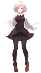  1girl absurdres black_dress black_legwear dress eyes_visible_through_hair fate/grand_order fate_(series) full_body hair_over_one_eye highres jacket levi9452 necktie panties panties_under_pantyhose pantyhose pantyshot purple_hair shielder_(fate/grand_order) short_hair simple_background smile solo underwear violet_eyes white_background wind wind_lift 