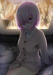  1girl :d bed building fate/grand_order fate_(series) glasses hair_over_one_eye lavender_eyes lavender_hair looking_at_viewer nekobaka open_mouth shade shielder_(fate/grand_order) short_hair sitting skyscraper smile solo underwear 