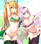  2girls adjusting_hair armpits arms_behind_head arms_up bangs bare_shoulders beads black_bow black_hairband black_skirt blonde_hair blue_eyes blush bow bow_bra bow_panties bra breasts brown_legwear cleavage closed_mouth collarbone commentary_request cowboy_shot dragon_girl dragon_horns dragon_tail eyebrows_visible_through_hair gradient gradient_eyes gradient_hair green_bra green_panties green_skirt groin hair_beads hair_between_eyes hair_ornament hairband hands_in_hair highres horns kaerunoko kanna_kamui kobayashi-san_chi_no_maidragon lace lace-trimmed_bra lace_trim large_breasts lavender_hair leaning_to_the_side legs_together long_hair long_sleeves looking_at_viewer low_twintails medium_breasts midriff miniskirt mouth_hold multicolored multicolored_eyes multicolored_hair multiple_girls navel no_horn older open_clothes open_shirt orange_eyes orange_hair panties panty_pull plaid plaid_skirt pleated_skirt pulled_by_self purple_bow purple_bra purple_hair purple_panties scales shirt shirt_pull side-tie_panties sidelocks skirt skirt_aside skirt_down stomach string_panties striped tail teenage thigh_gap tooru_(maidragon) twintails tying_hair unbuttoned underwear undressing unzipped vertical_stripes very_long_hair yellow_bow yellow_eyes 
