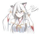  1girl animal_ears cat_day cat_ears commentary_request detached_sleeves fang grey_hair hair_ornament hairclip haruna_(kantai_collection) highres japanese_clothes kantai_collection kemonomimi_mode namikawa_kuroha nontraditional_miko orange_eyes remodel_(kantai_collection) signature sketch solo twitter_username 