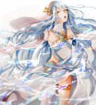  1girl aqua_(fire_emblem_if) bare_shoulders blue_hair dress elbow_gloves fire_emblem fire_emblem_if gloves hair_ornament jewelry long_hair looking_at_viewer music necklace nekoichu open_mouth simple_background singing water white_background yellow_eyes 
