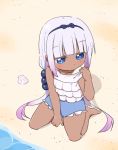  1girl barefoot beach beads blue_eyes casual_one-piece_swimsuit dark_skin hair_beads hair_ornament hairband kanna_kamui kobayashi-san_chi_no_maidragon lavender_hair long_hair one-piece_swimsuit pink_hair pulled_by_self sitting solo swimsuit swimsuit_pull tan tanline tonmoh twintails 
