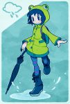 1girl backpack bag blue_background blue_eyes blue_hair boots check_commentary closed_umbrella clouds commentary commentary_request frog_raincoat icon_(sugarless_yogurt) original pac-man_eyes puddle raincoat short_hair smile solo striped striped_legwear thigh-highs two-tone_background umbrella water water_drop 