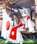  1girl animal_ears breasts detached_sleeves fox_ears fox_tail grey_eyes japanese_clothes japanese_flag kimono long_hair looking_at_viewer medal original ribbon_trim samazuka_mashiro silver_hair smile solo straight_hair tail wide_sleeves 