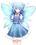  1girl aqua_eyes blue_bow blue_dress blue_hair bow cirno cowboy_shot dress eyelashes fairy_wings frilled_dress frilled_sleeves frills hair_bow head_tilt highres ice ice_wings looking_at_viewer neck_ribbon puffy_short_sleeves puffy_sleeves red_bow red_ribbon ribbon rie-co sash short_hair short_sleeves simple_background smile solo sparkling_eyes touhou white_background wings 