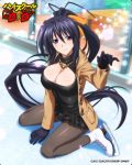  1girl black_hair blush breasts cleavage hair_ribbon high_school_dxd himejima_akeno jewelry large_breasts long_hair looking_at_viewer official_art pantyhose ponytail sitting smile solo very_long_hair violet_eyes 