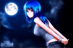  1girl arms_behind_back bangs bare_shoulders blue_hair blush bracelet breasts closed_mouth denim erkaz from_side full_moon jewelry large_breasts leaning_forward long_hair looking_at_viewer looking_to_the_side moon moonlight night night_sky original pink_eyes rina_atherina sky smile solo swept_bangs tank_top upper_body watermark 