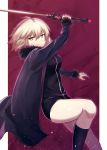  1girl ahoge alternate_costume bangs black_legwear black_shirt fal fate/grand_order fate_(series) from_side fur_trim highres holding holding_sword holding_weapon jacket jeanne_alter long_sleeves looking_at_viewer looking_to_the_side open_clothes open_jacket ruler_(fate/apocrypha) shirt short_hair shorts silver_hair socks solo sword weapon yellow_eyes 