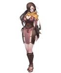 1girl arm_guards breasts brown_eyes brown_hair cleavage fire_emblem fire_emblem_heroes fire_emblem_if full_body hair_over_one_eye highres japanese_clothes kagerou_(fire_emblem_if) lack large_breasts long_hair ninja official_art sandals scarf solo standing transparent_background 