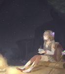  1girl armband atelier_(series) atelier_firis backpack bag blush boots braid brown_hair campfire circlet collarbone commentary_request crystal cup detached_sleeves female firis_mistlud frilled_shirt frills green_eyes hair_over_shoulder holding holding_cup hood hood_down log long_sleeves looking_afar night night_sky ojiki pleated_skirt puffy_long_sleeves puffy_sleeves shirt shorts_under_skirt single_braid sitting sitting_on_object skirt sky sleeveless smoke solo staff star_(sky) starry_sky steam 