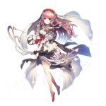  1girl artist_request bow bow_(weapon) brown_eyes brown_hair butterfly character_request dress eyebrows_visible_through_hair floating_hair full_body hime_cut holding holding_weapon long_hair parted_lips petals red_bow simple_background smile solo veil weapon white_background white_dress 